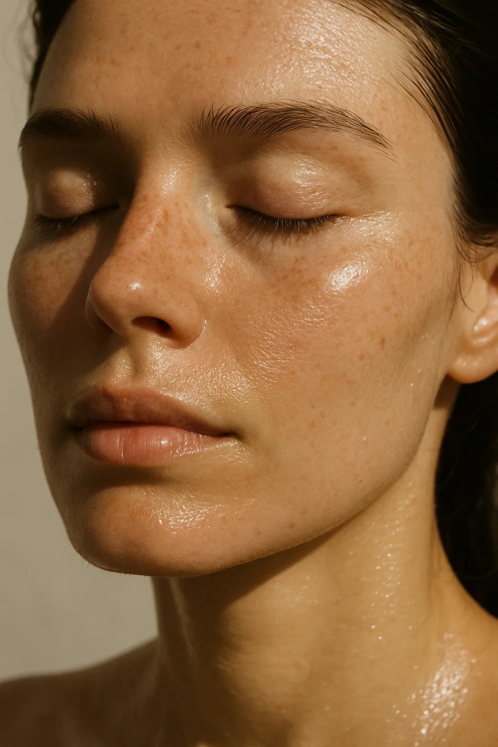 Close-up of a person with a sun-kissed complexion against a neutral background