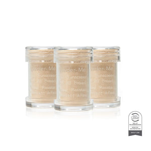 Three jars of Powder-Me Sunscreen Lotion on a white background with a Daily Use badge.