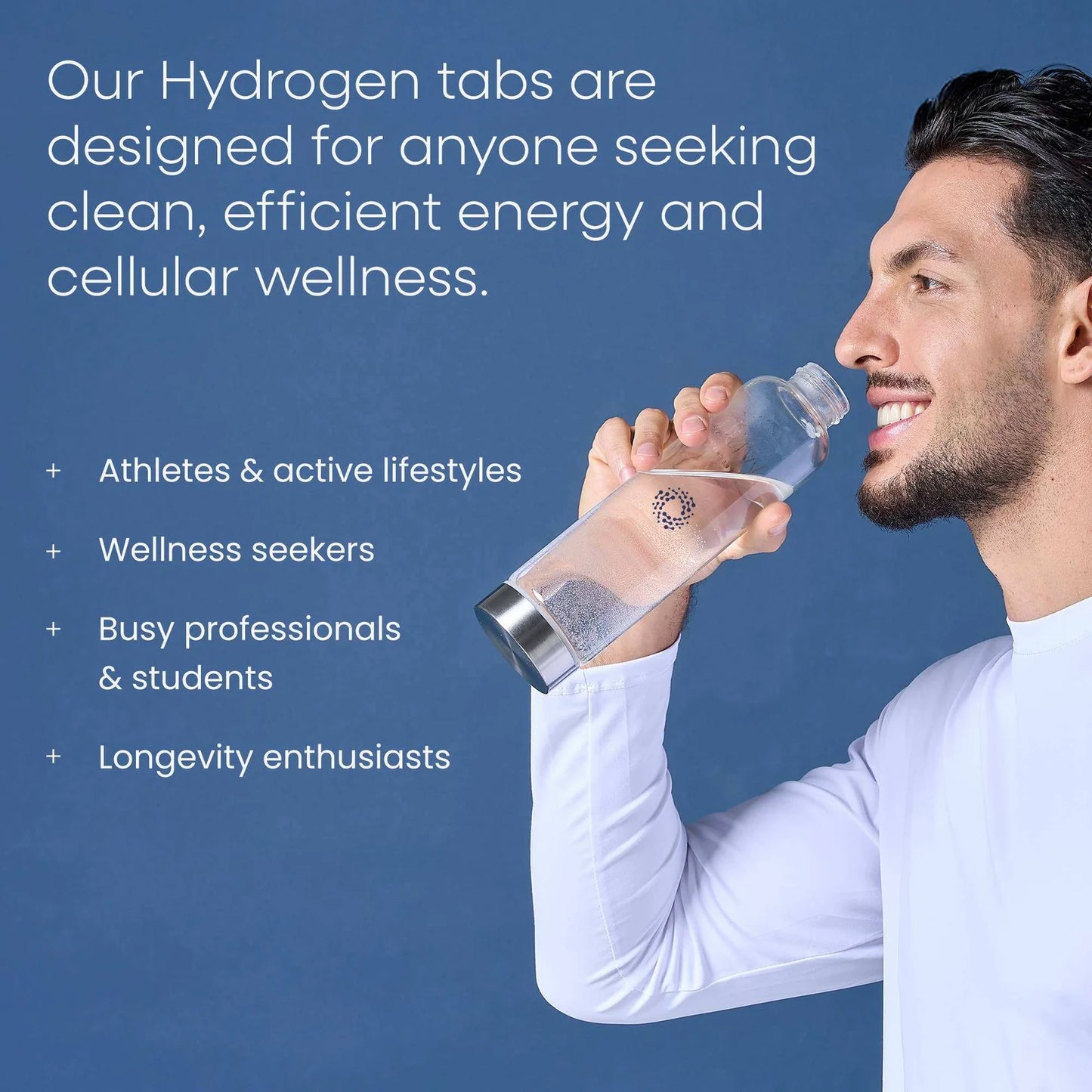 Man holding a water bottle with text about hydrogen tabs for energy and wellness on a blue background