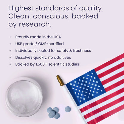 Product packaging with an American flag, text about quality and certification, and a container of blue capsules.