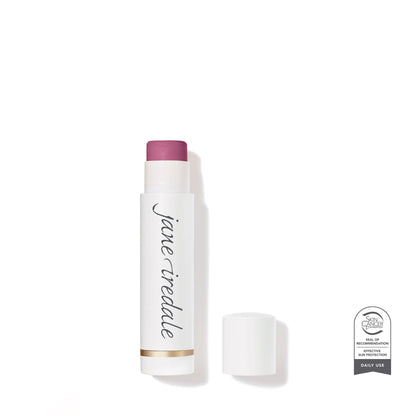White lip balm stick with purple cap and 'jane iredale' branding on a white background.