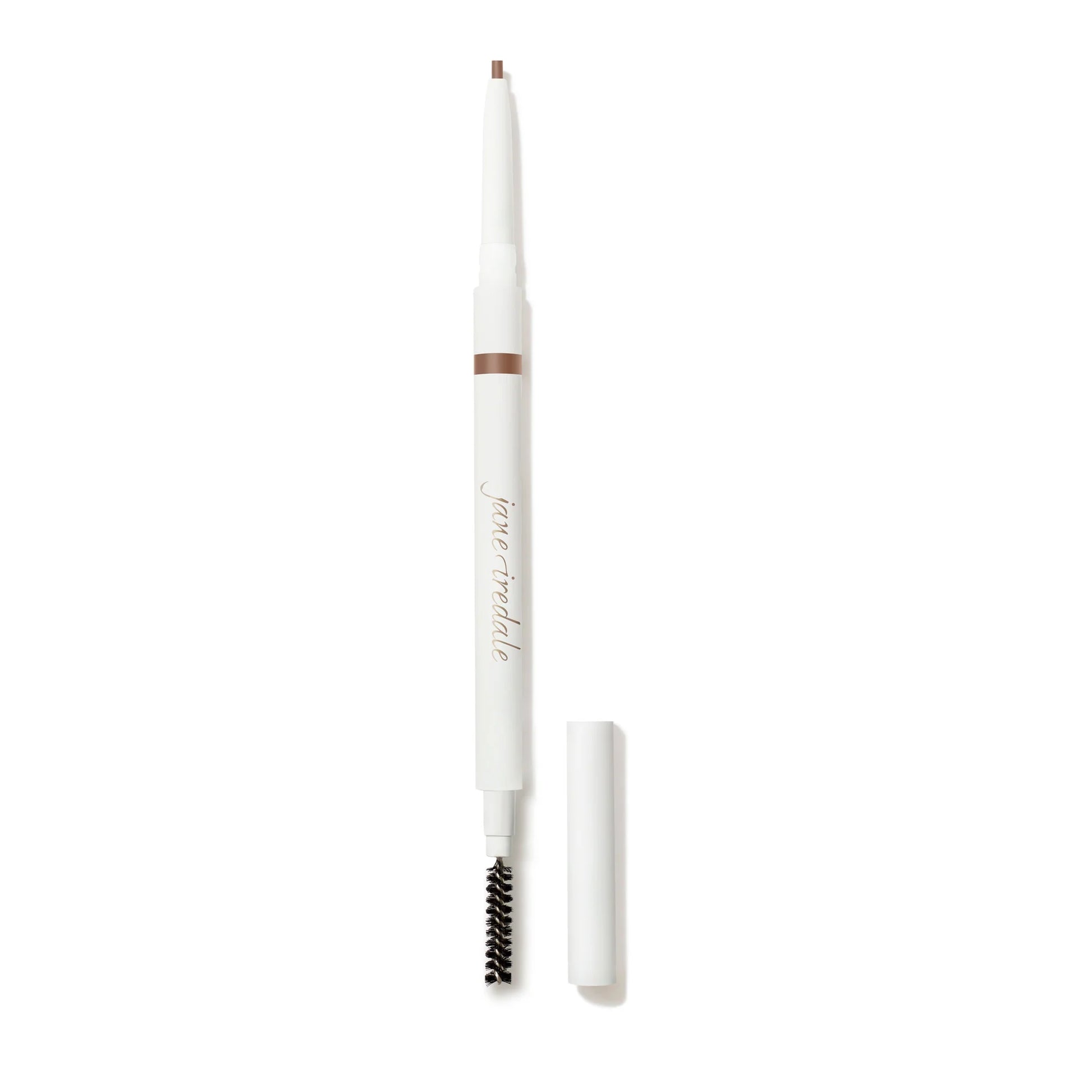 Eyebrow pencil with white casing and brown tip on a white background