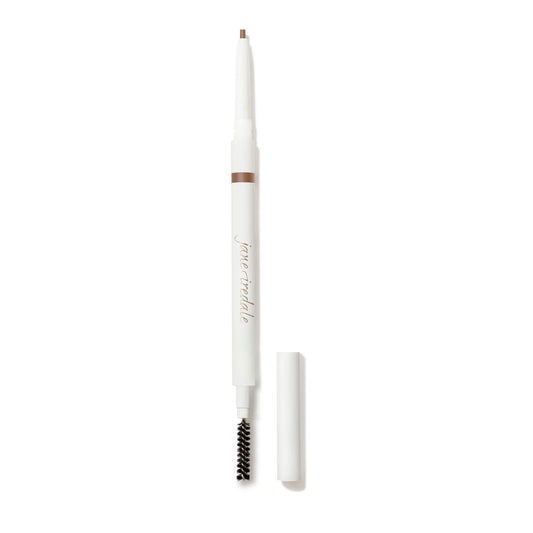 Eyebrow pencil with white casing and brown tip on a white background