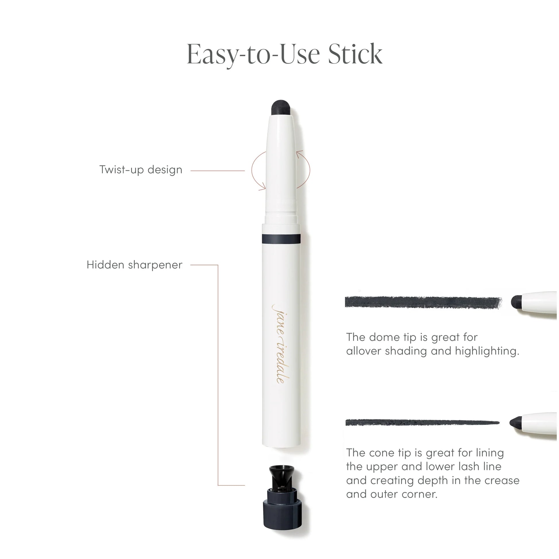Eyeliner stick with features highlighted on a white background