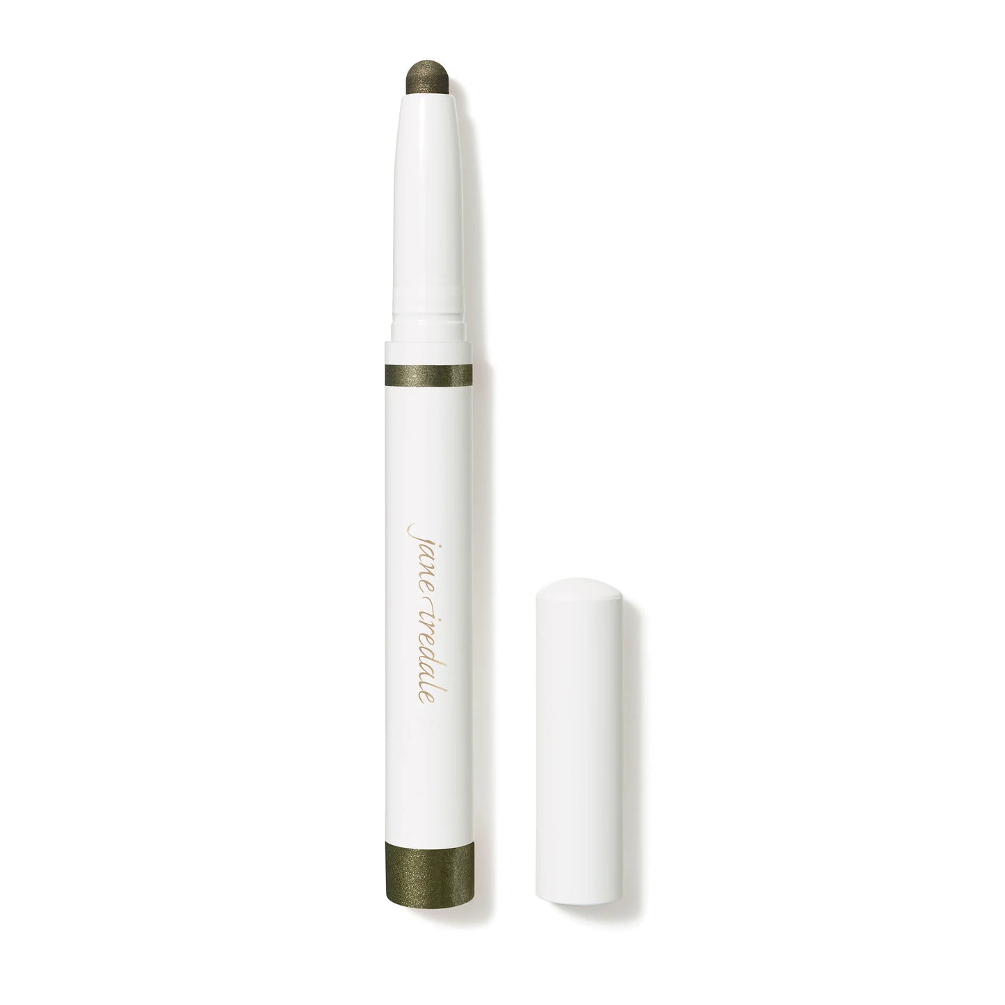 A white cream-to-powder eye shadow stick with a built-in sharpener, labeled 'Jane Iredale', next to its cap.