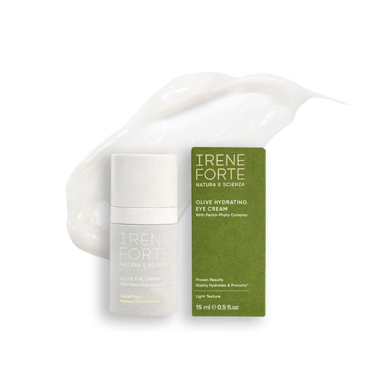 Irene Forte Olive Hydrating Eye Cream 15ml pump bottle beside its green box with a cream swatch