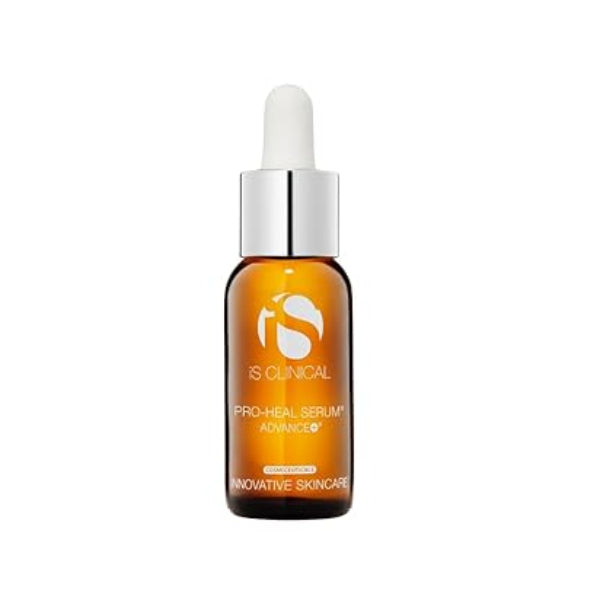 A brown glass dropper bottle of Pro-Heal Serum Advance+ by iS Clinical.