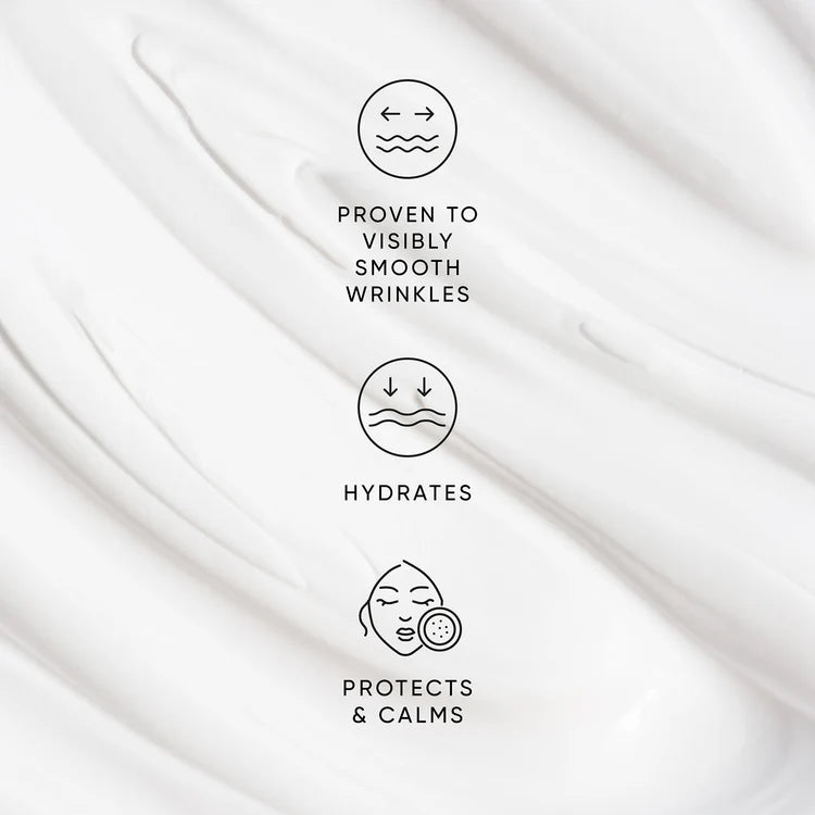 Textured white fabric with icons and text about skincare benefits on a white background