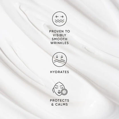 Textured white fabric with icons and text about skincare benefits on a white background