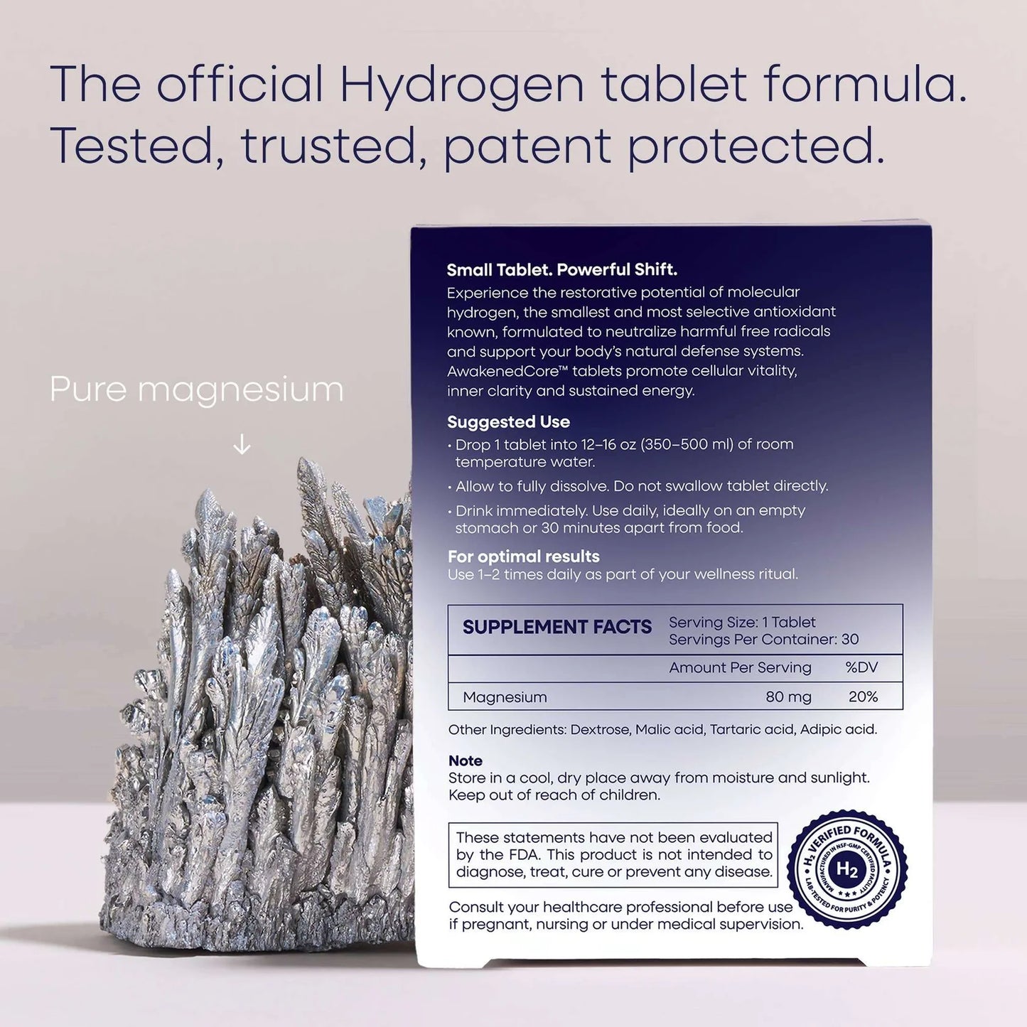 Supplement package with crystal-like design on a neutral background