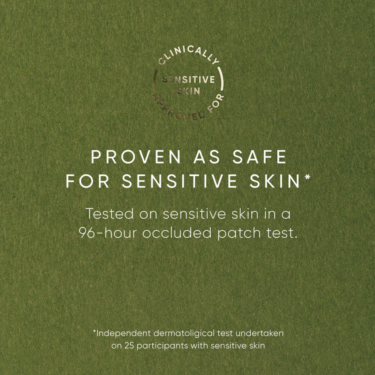 Text on a green background indicating proven safety for sensitive skin.