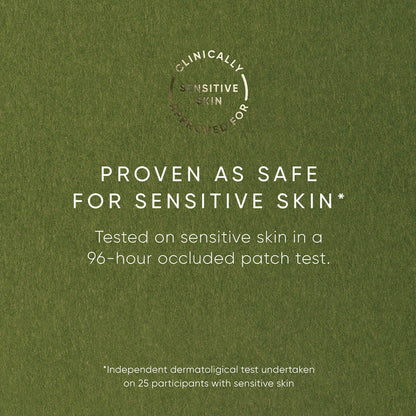 Text on a green background indicating proven safety for sensitive skin.