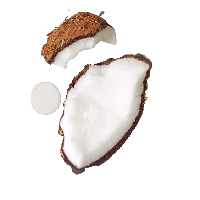 Coconut split open with a piece removed on a white background