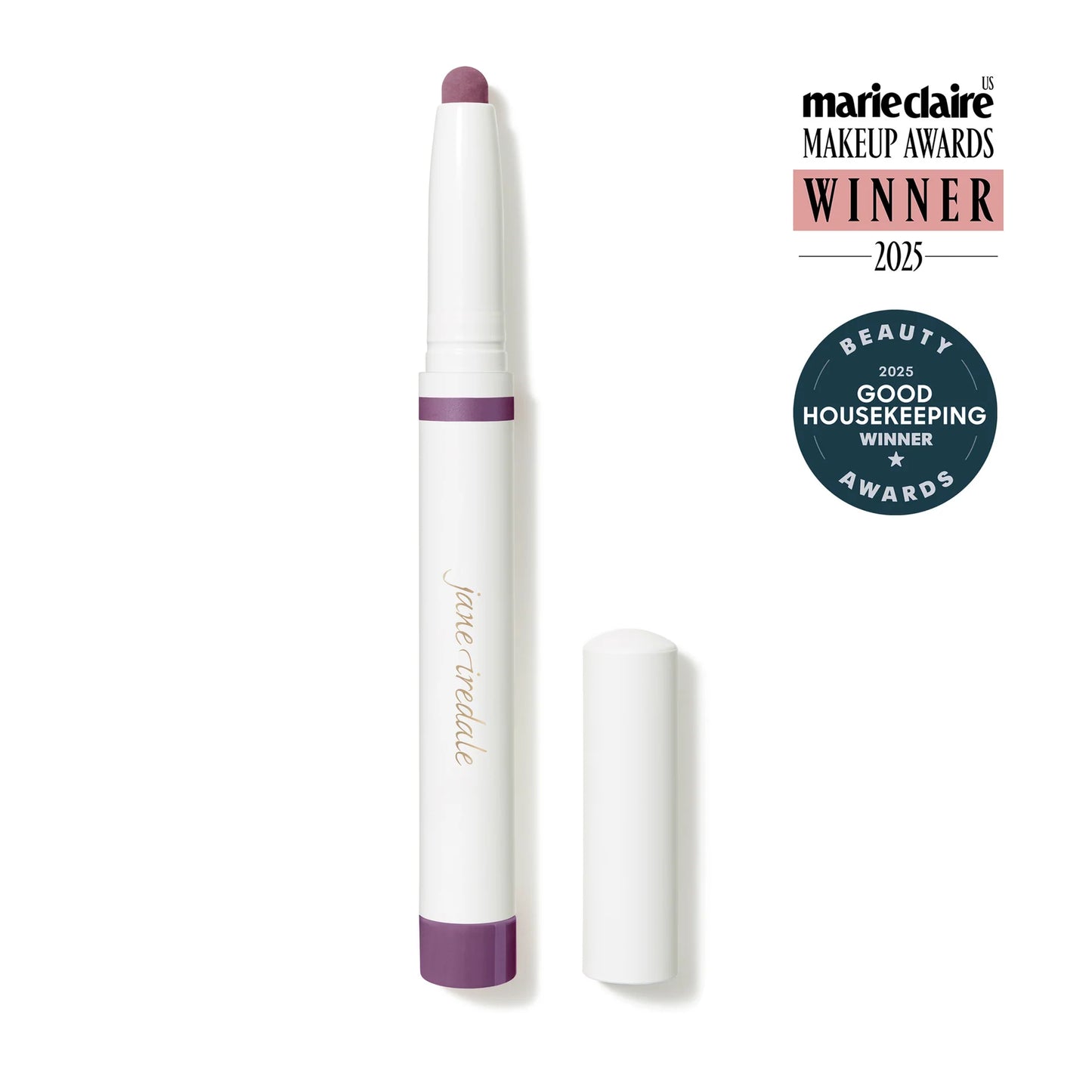 Lip liner with purple cap and base, featuring Marie Claire and Good Housekeeping awards on a white background.