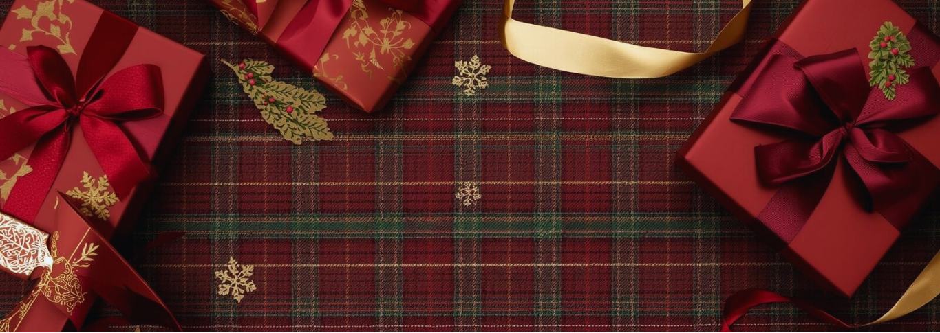 Red plaid fabric with Christmas decorations including red gift boxes, ribbons, and gold snowflakes.