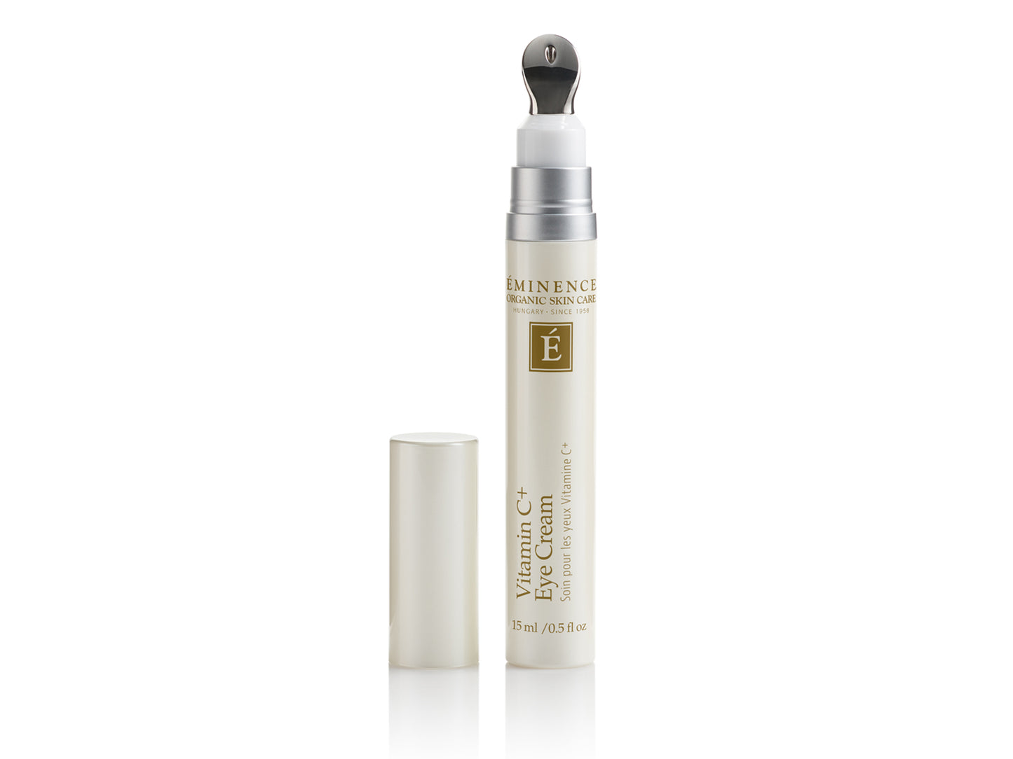 Eminence Organic Skin Care Vitamin C+ Eye Cream in its retail packaging with cooling applicator tip, 0.5 fl oz.