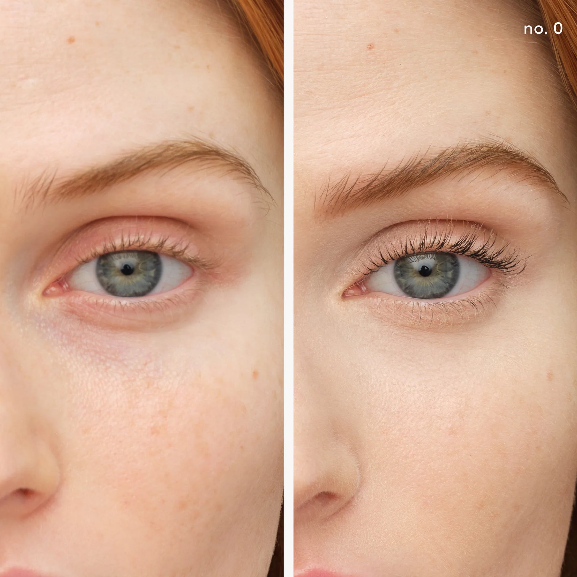 Side-by-side comparison of a woman's eyes with and without a cosmetic product.