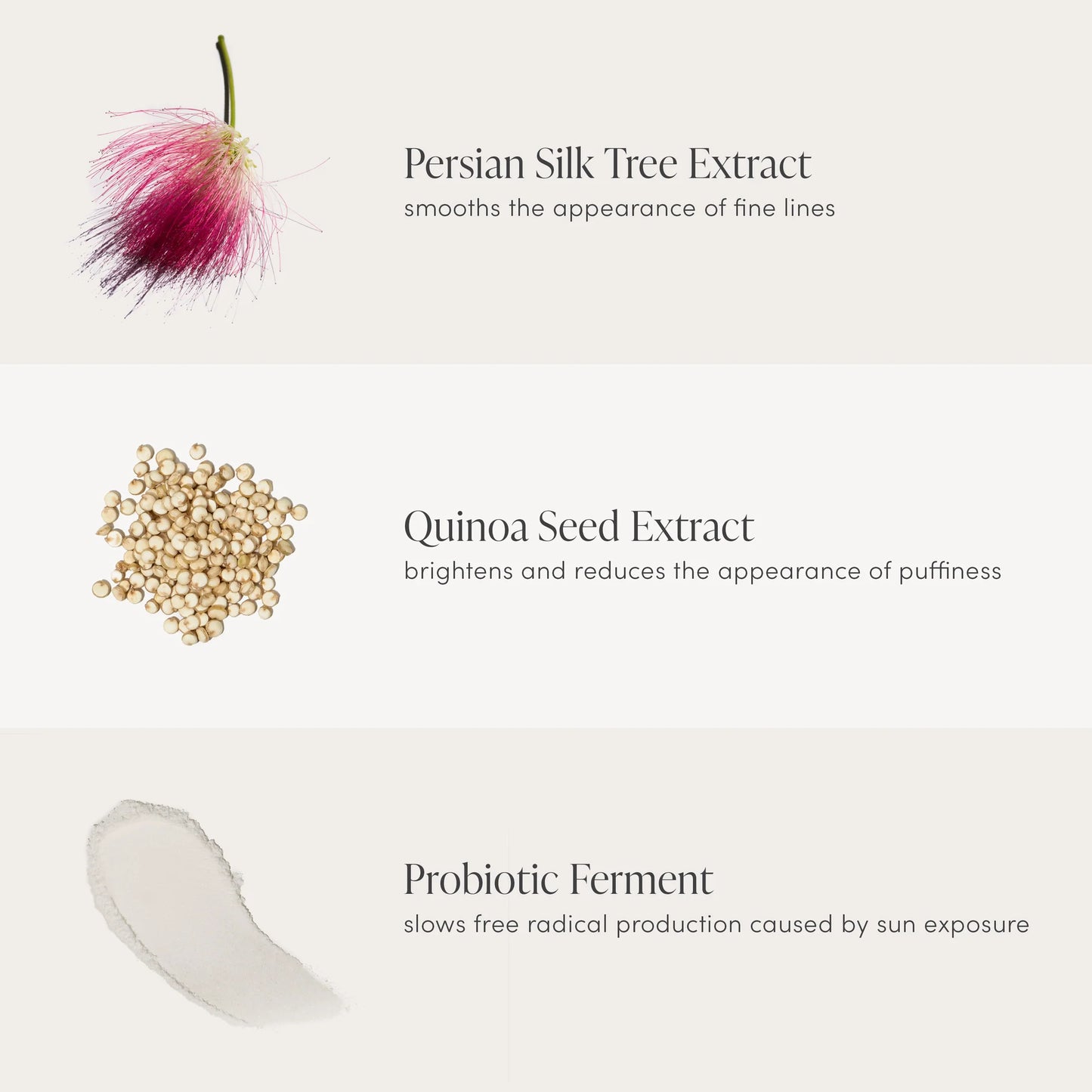Illustration of Persian Silk Tree Extract, Quinoa Seed Extract, and Probiotic Ferment with text on a white background.