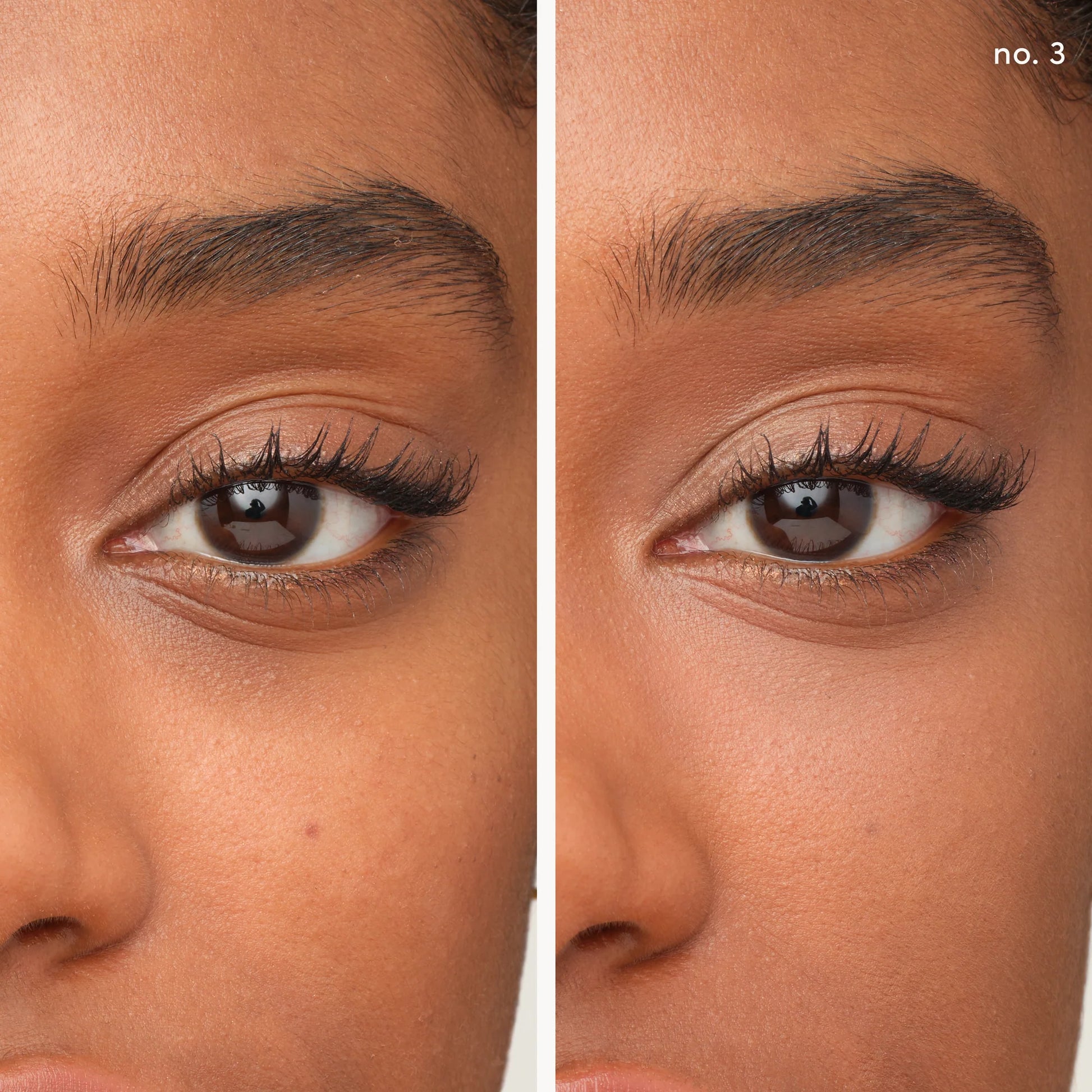 Close-up of a woman's eye with and without eyelash extensions, showing the difference.