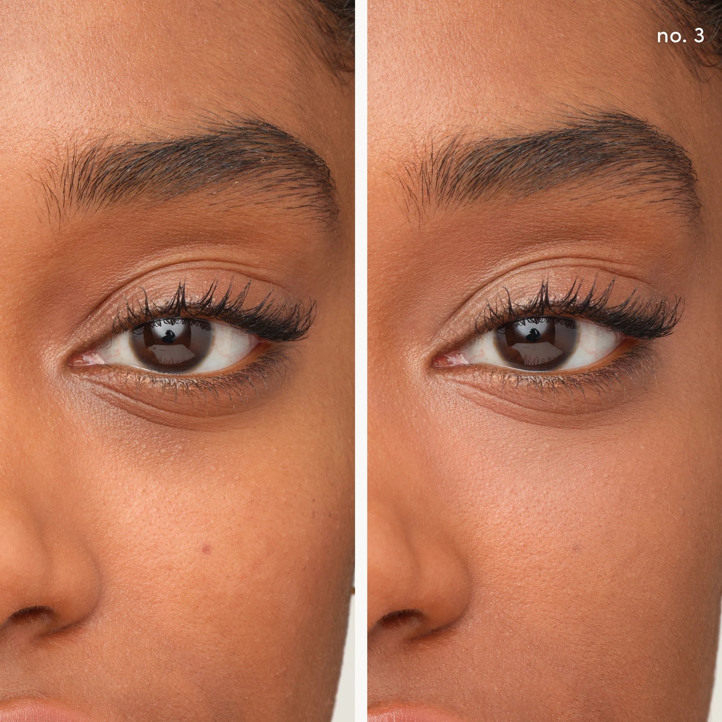 Close-up of a woman's eye with and without eyelash extensions, showing the difference.