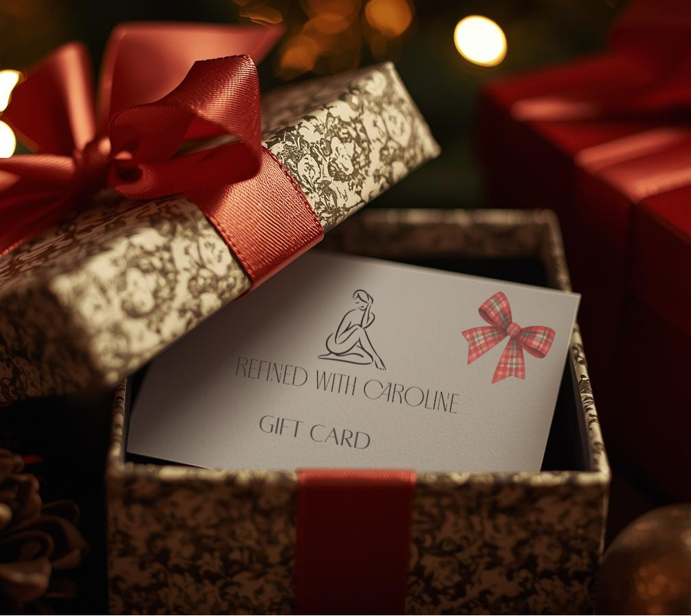 Gift card in a decorative box with a red ribbon, surrounded by other gift boxes.
