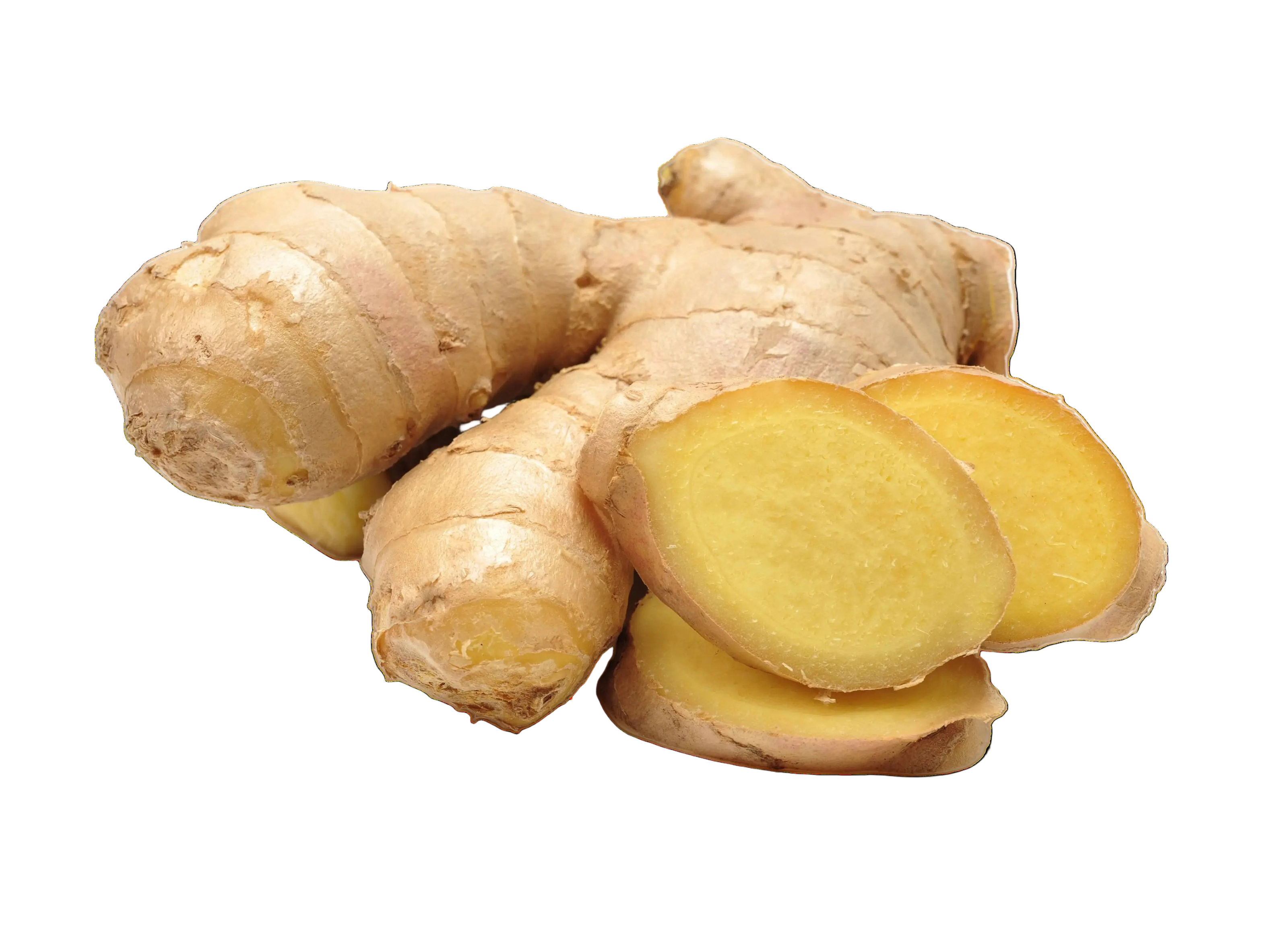 Ginger root and slices on a white background