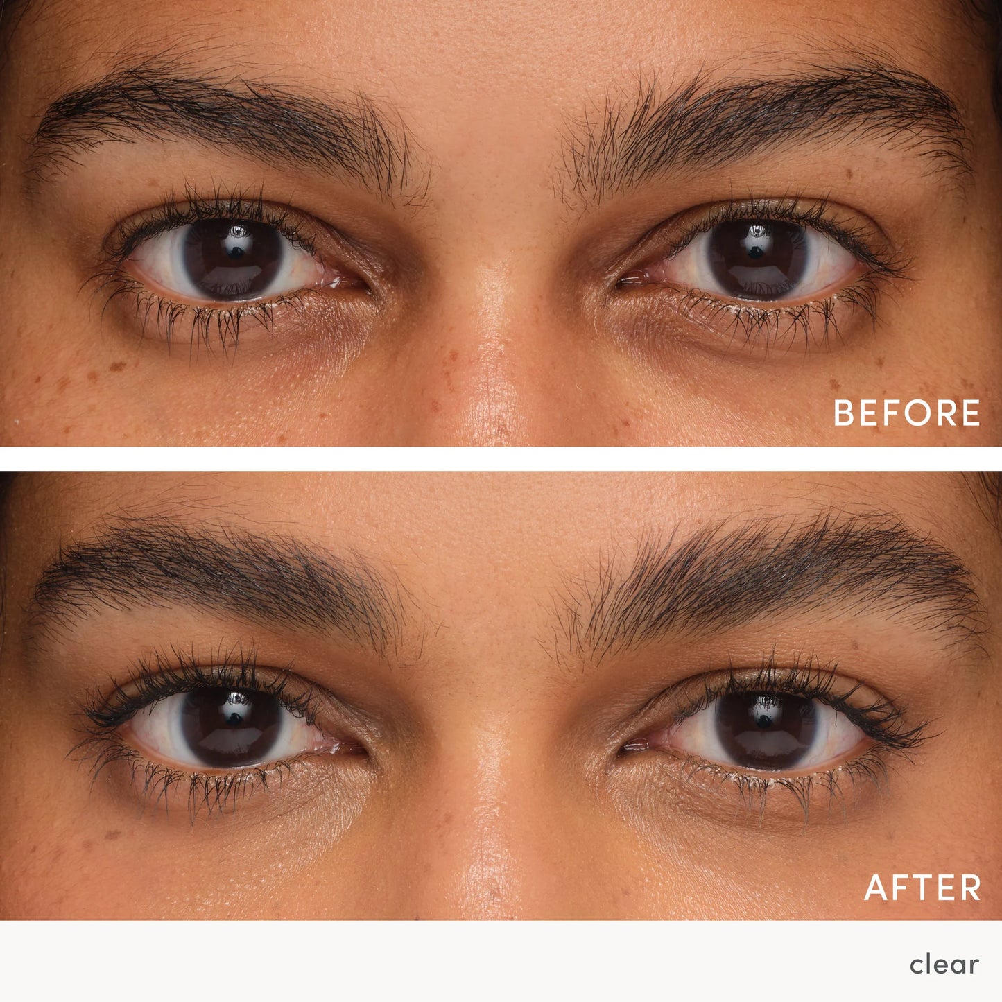Before and after comparison of eye makeup application on a person's face.