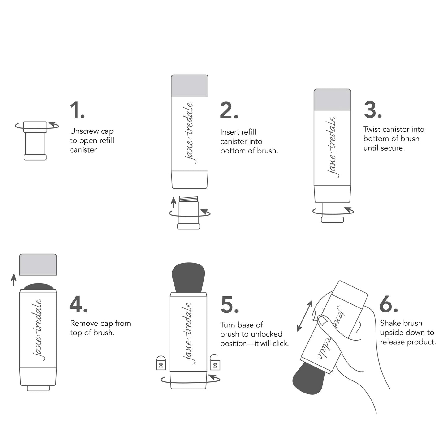 Step-by-step guide on how to use a jane iredale makeup brush with illustrations and text.