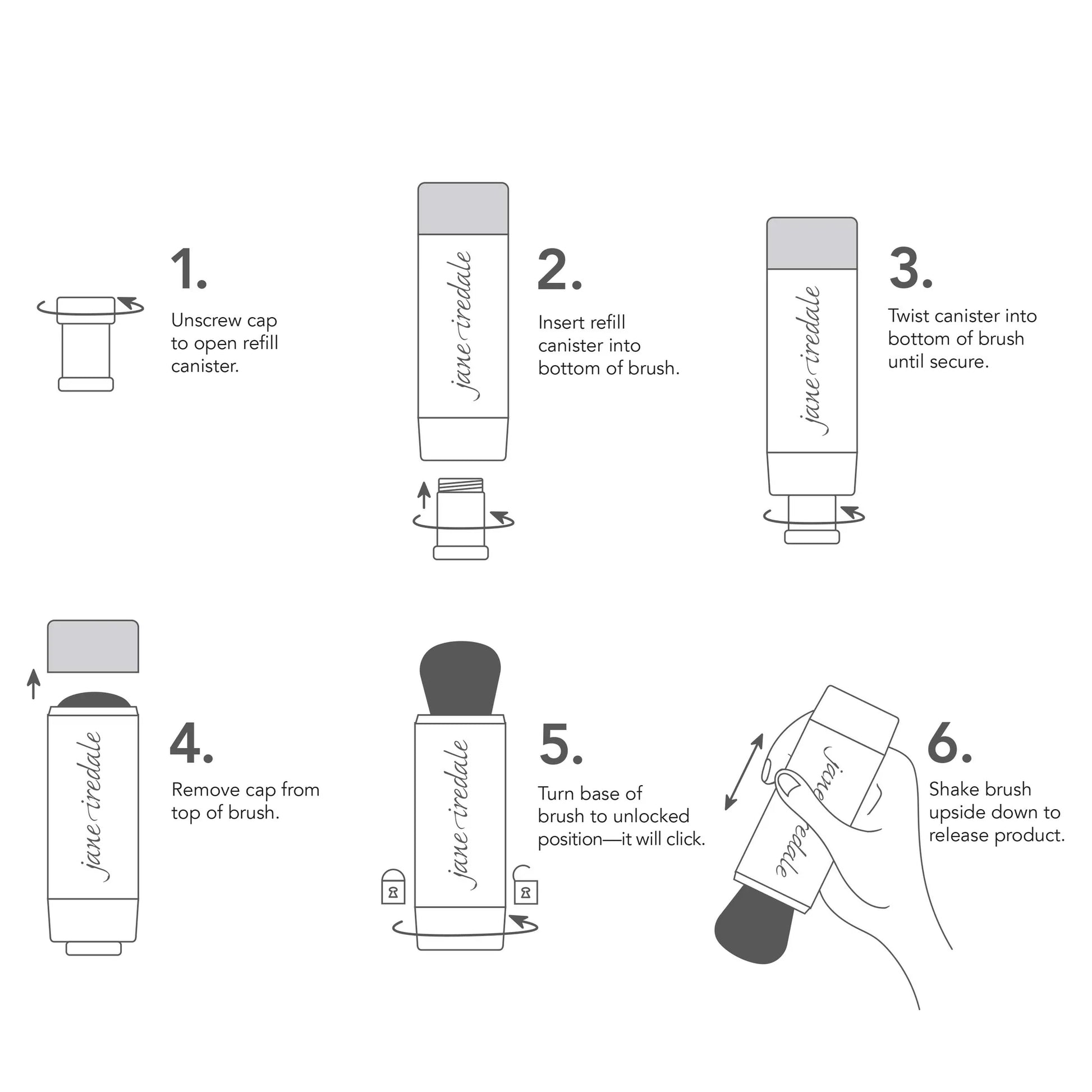 Step-by-step guide on how to use a jane iredale makeup brush with illustrations and text.