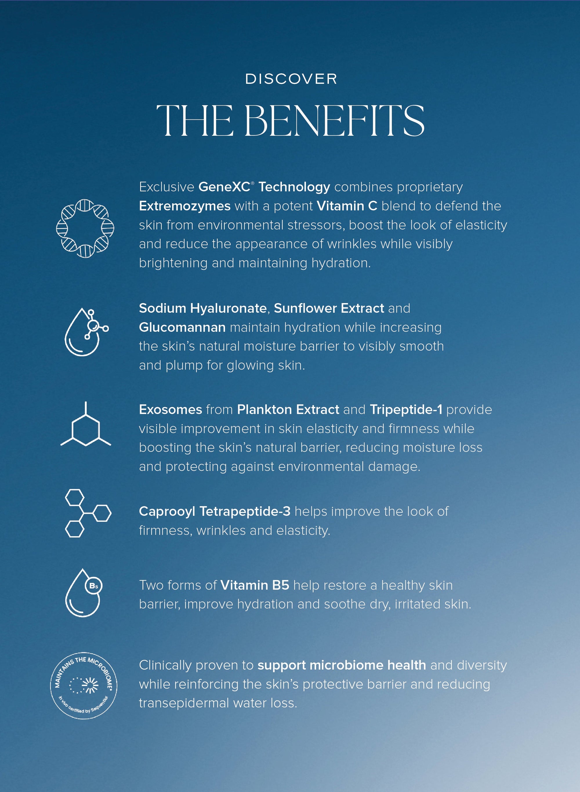 Product benefits description with icons on a blue background