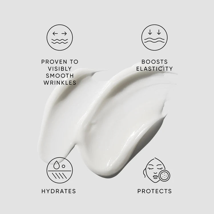 Skincare product with text indicating its benefits on a light gray background