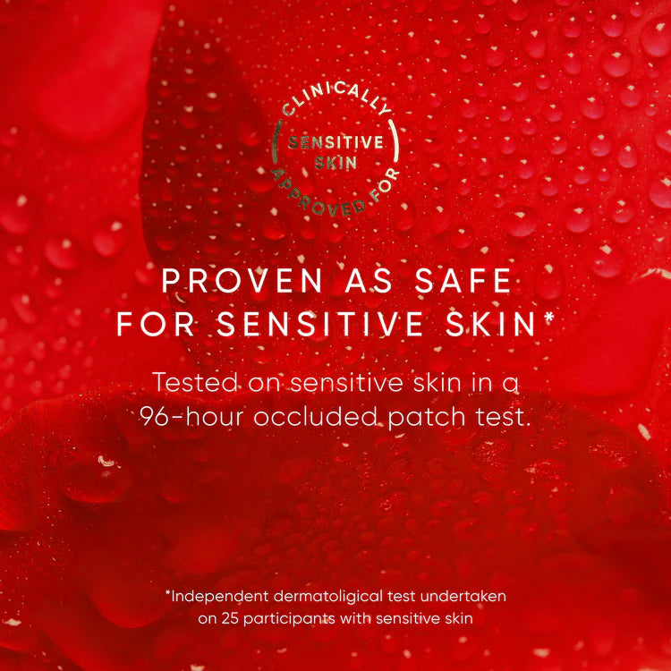 Red background with water droplets and text about sensitive skin safety testing.