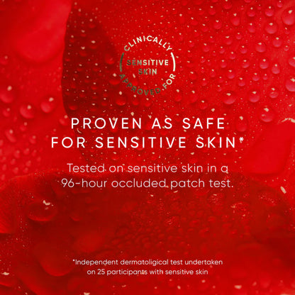 Red background with water droplets and text about sensitive skin safety testing.