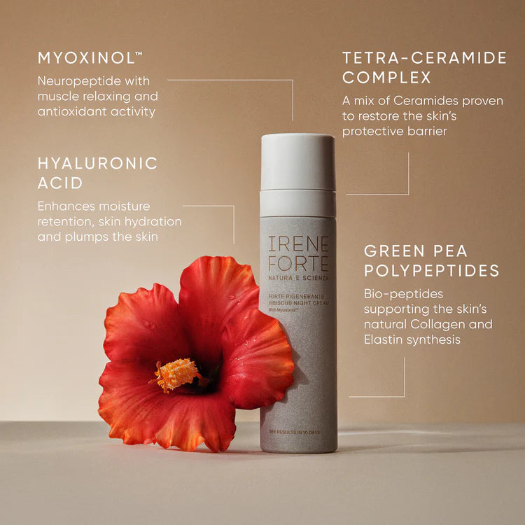 Irene Forte skincare product with red flower on beige background