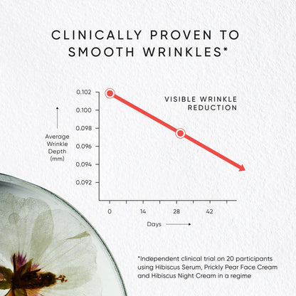 Graph showing visible wrinkle reduction over time with a clinical trial on 20 participants, featuring a flower in the corner.