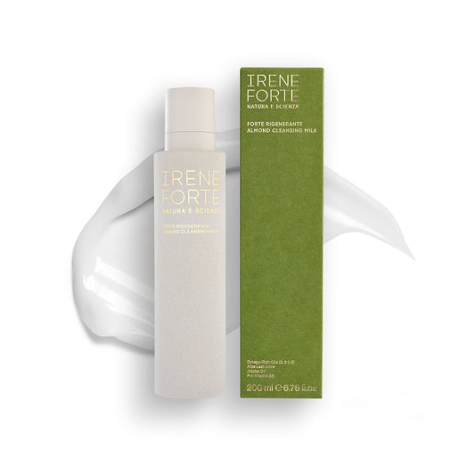 Irene Forte Almond Cleansing Milk 200ml pump bottle beside its box on a white background