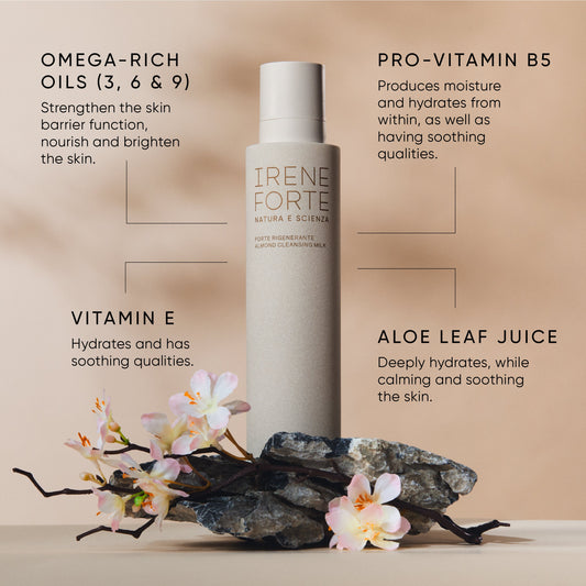 Irene Forte Almond Cleansing Milk with its key ingredients, omega-rich oils, pro-vitamin B5, vitamin E and aloe leaf juice, on a beige background