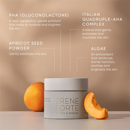 Irene Forte Apricot Penta-Acid Polish jar with apricots and its key ingredients: PHA, an Italian quadruple-AHA complex, apricot seed powder and algae