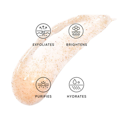 Apricot Penta-Acid Polish texture with icons for exfoliates, brightens, purifies and hydrates