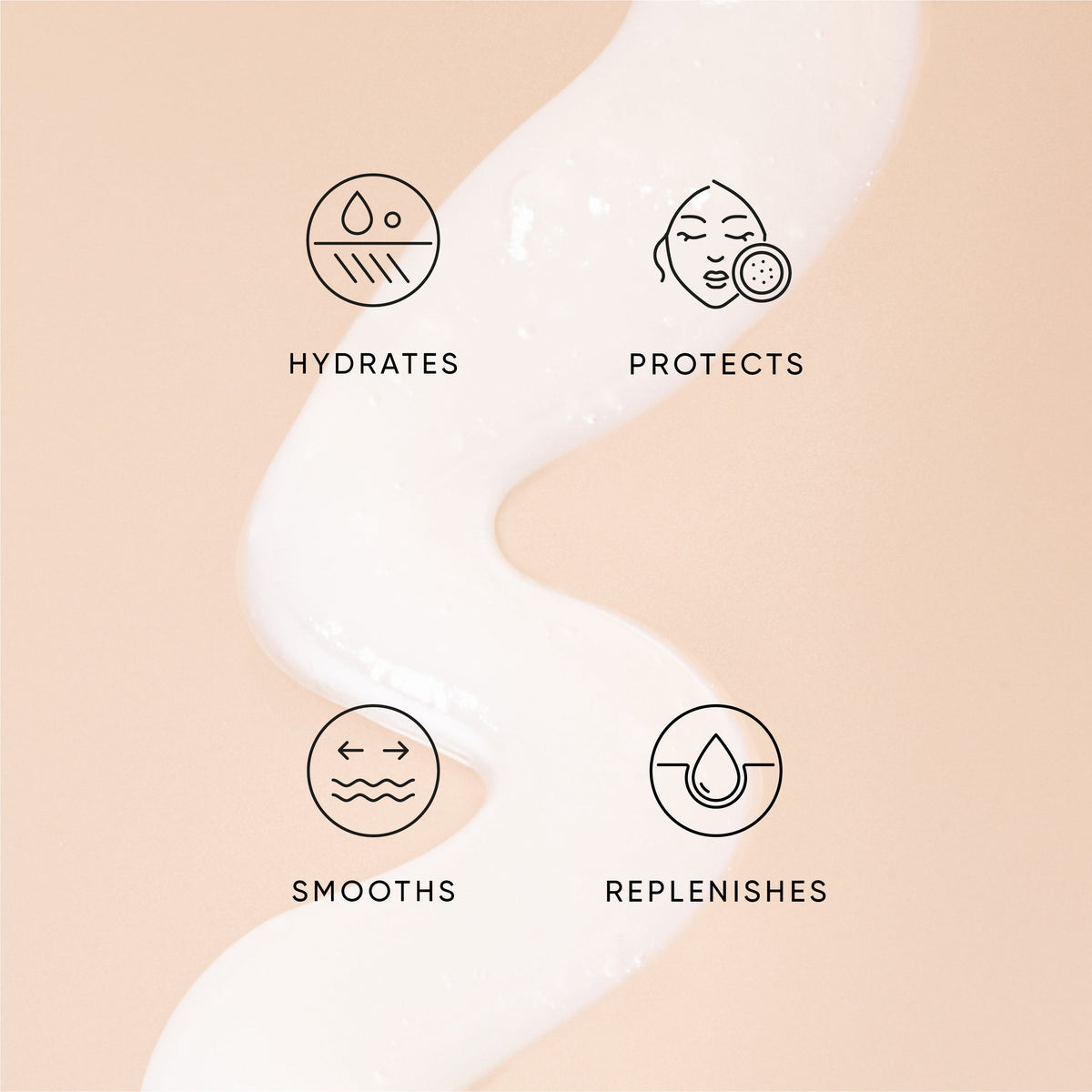 Bio-Peptide Lip Treatment texture with icons for hydrates, protects, smooths and replenishes
