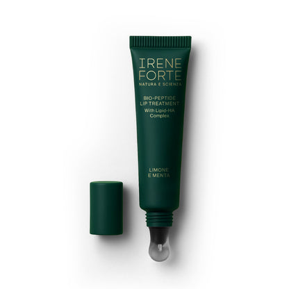 Irene Forte Bio-Peptide Lip Treatment, a green tube with applicator, on a white background