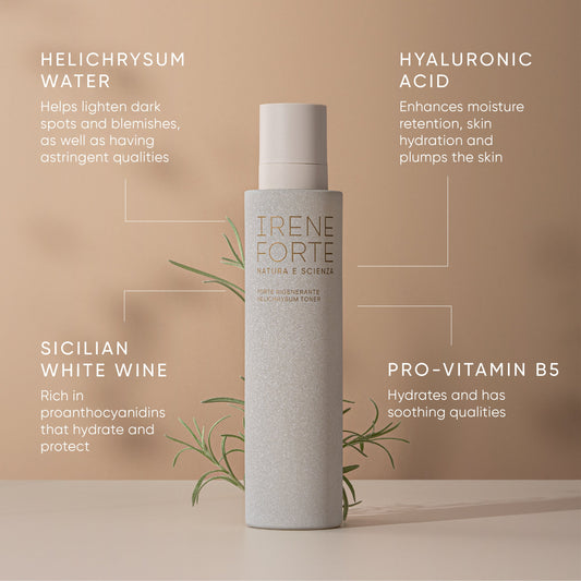 Irene Forte Helichrysum Hydrating Toner with its key ingredients, helichrysum water, Sicilian white wine, hyaluronic acid and pro-vitamin B5, on a beige background