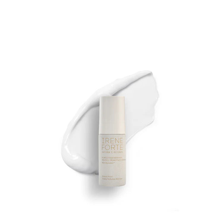 Skincare bottle with 'Irene Forte' branding on a white background