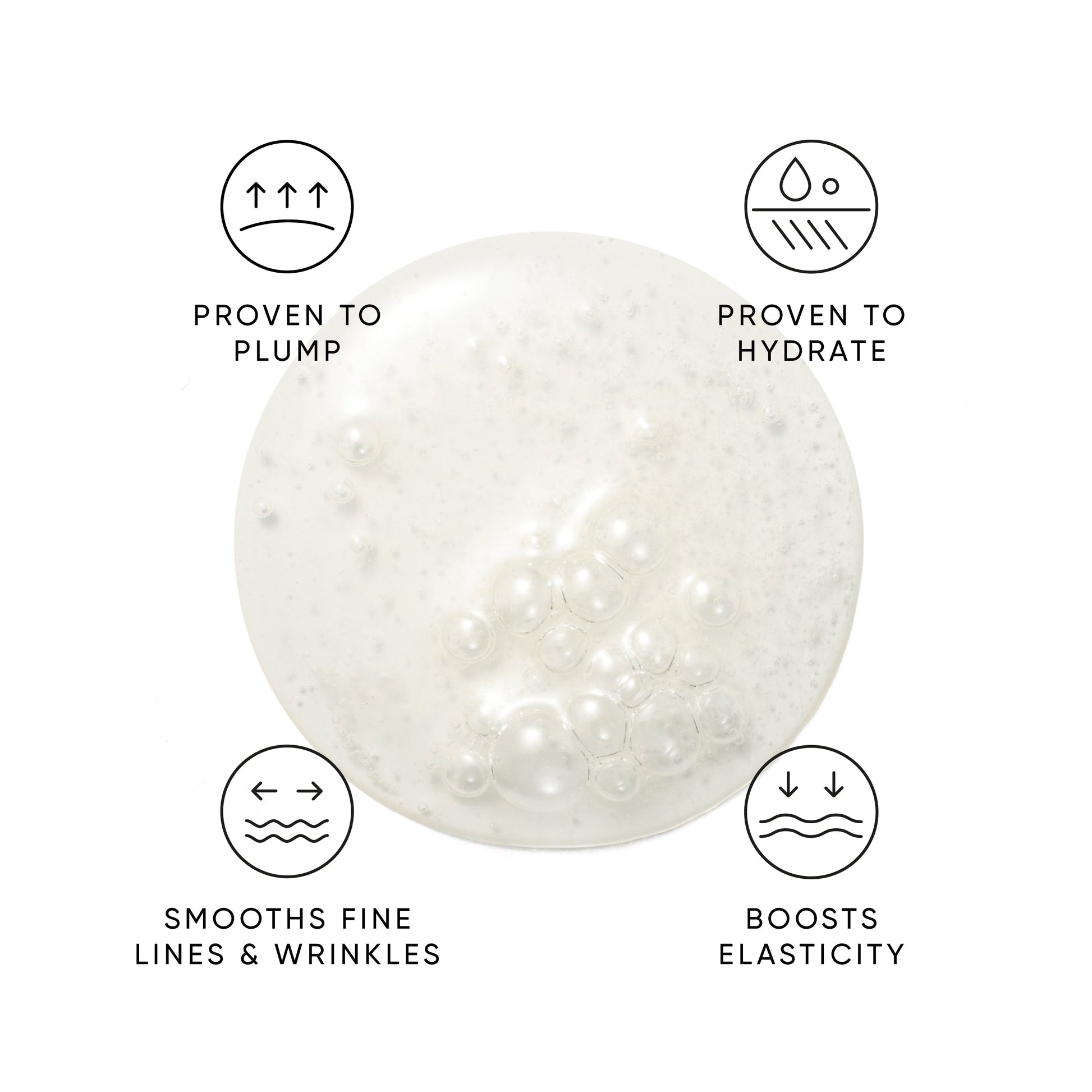 Serum texture swatch with icons: proven to plump, proven to hydrate, smooths fine lines, boosts elasticity