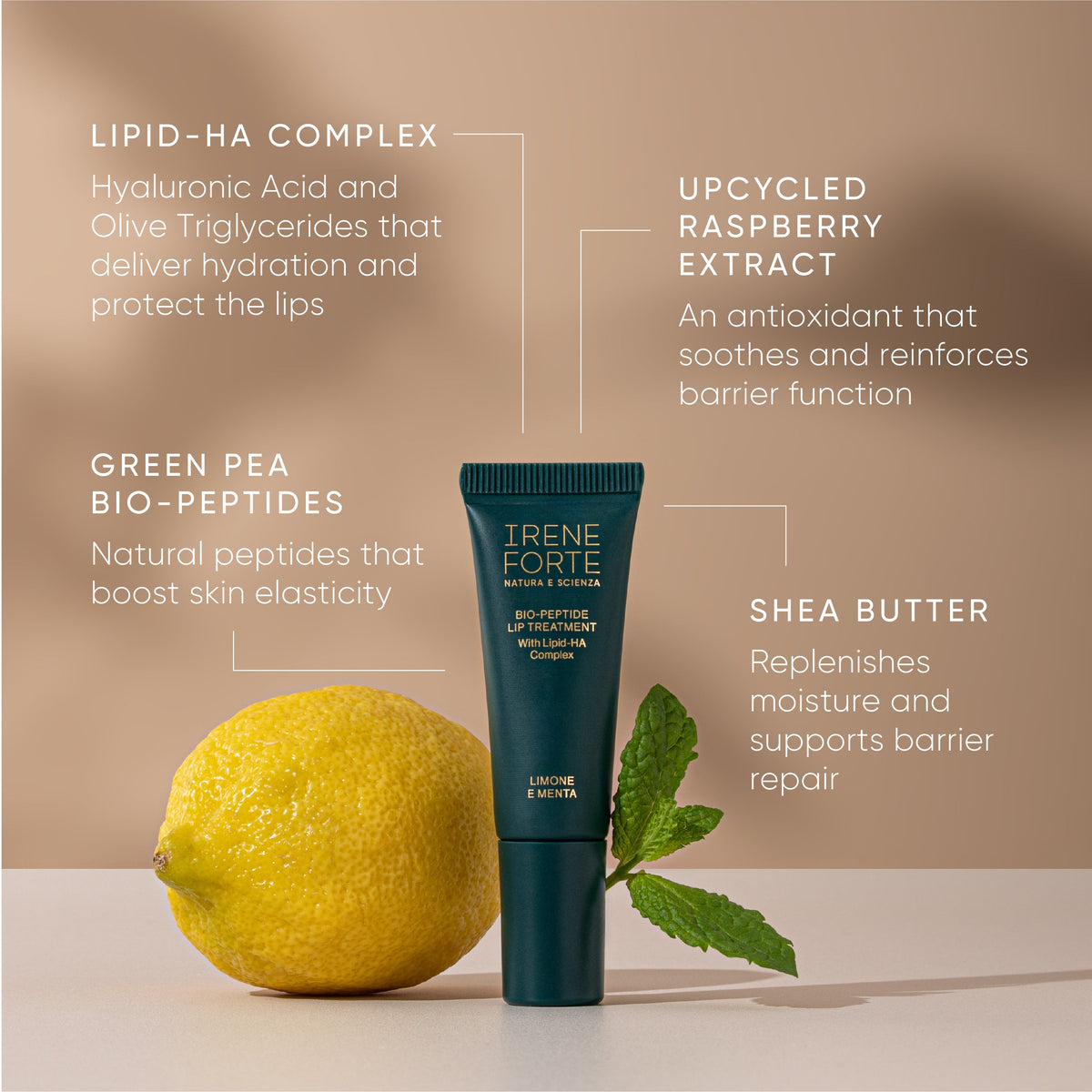 Irene Forte Bio-Peptide Lip Treatment with lemon and mint, and its key ingredients: Lipid-HA complex, green pea bio-peptides, upcycled raspberry extract and shea butter