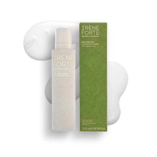 Irene Forte Helichrysum Hydrating Toner 200ml bottle beside its box on a white background