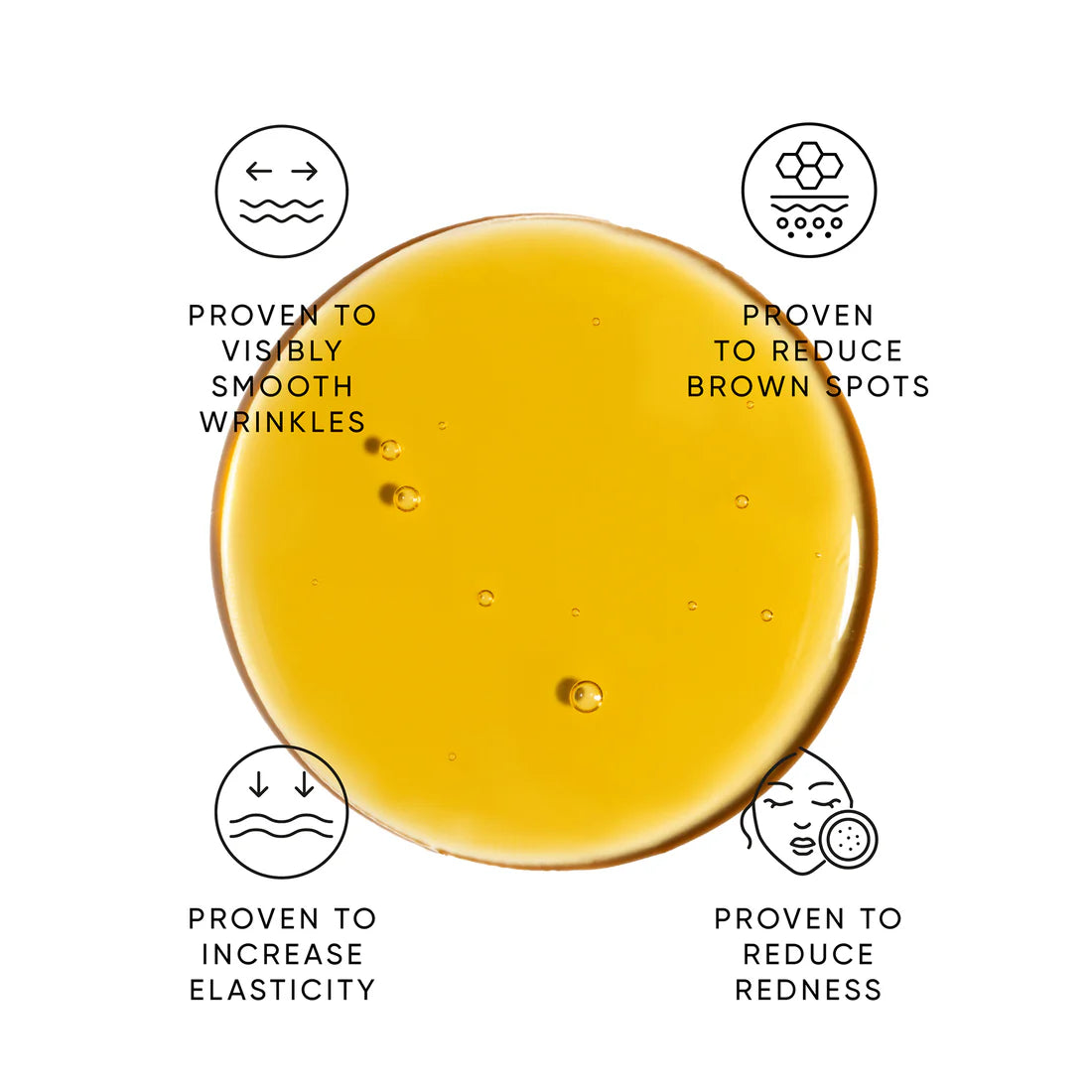 Close-up of a yellow liquid with icons and text on a white background
