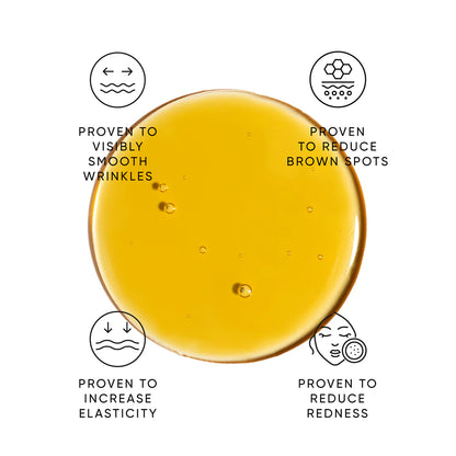 Close-up of a yellow liquid with icons and text on a white background