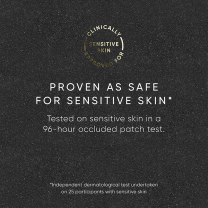 Text on a black background indicating clinically sensitive skin approval for a product.