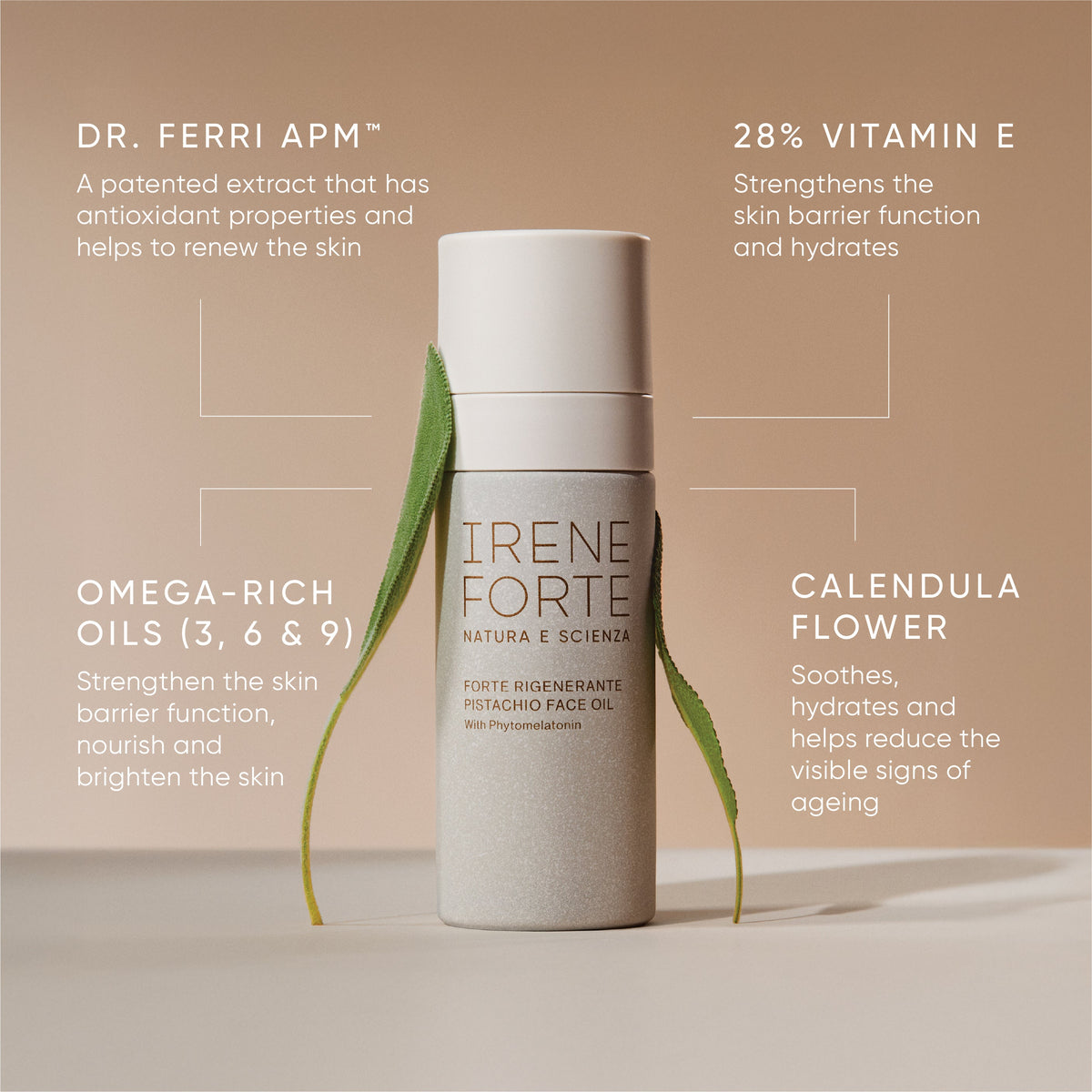 Irene Forte Pistachio Face Oil with its key ingredients: Dr. Ferri APM, 28% vitamin E, omega-rich oils and calendula flower